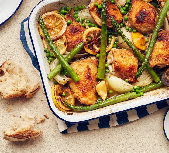 Asparagus-recipes Lemon roasted spring chicken with asparagus