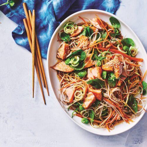 Daikon salad with sesame wasabi dressing and teriyaki baked salmon